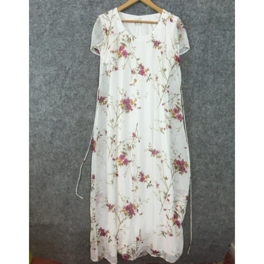 JBS Maxi Dress Women 6 White Floral Vintage Romantic Tie Back Cap Sleeve